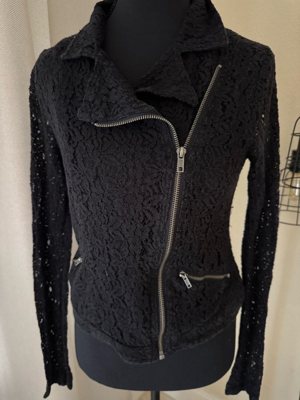 Mudd Black Lace Moto Jacket Y2K Grunge Zip Front Fitted Motorcycle Jacket Small - Picture 3 of 7